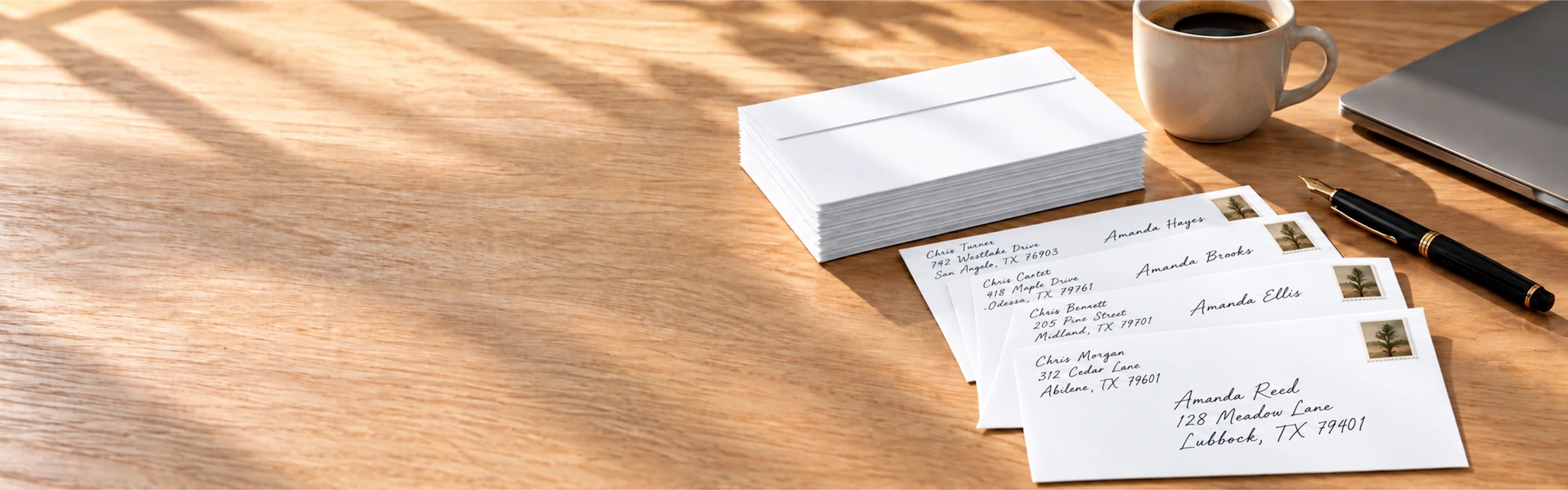 A neat row of hand-addressed business envelopes on a clean desk
