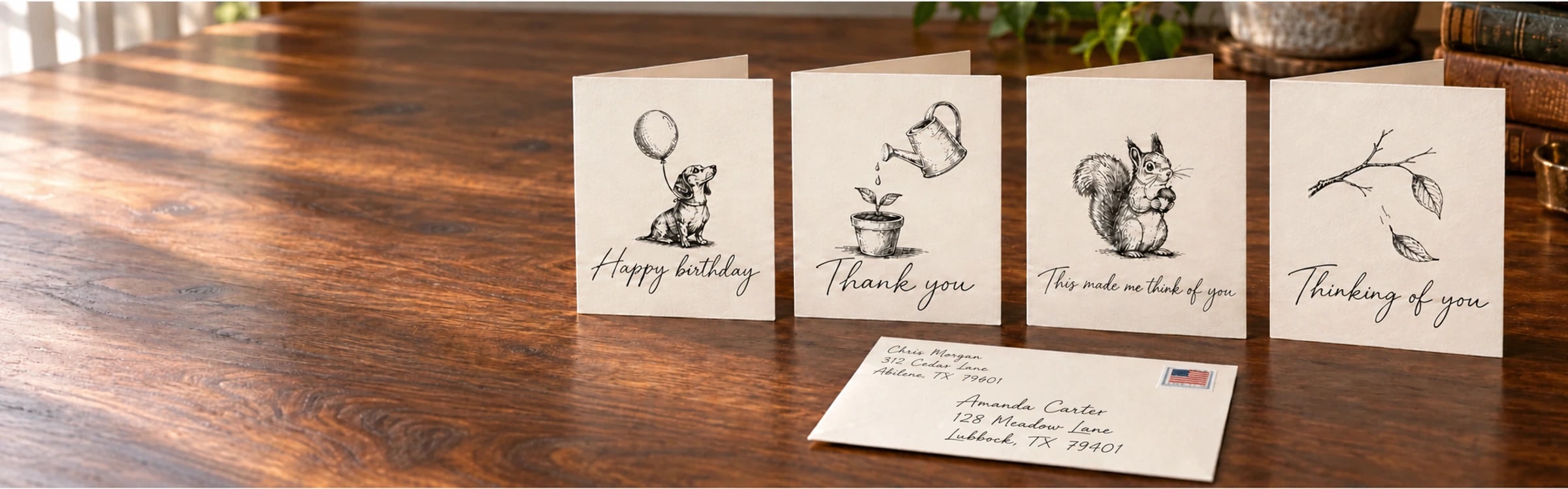 Hand-drawn cards and envelopes on a wooden desk