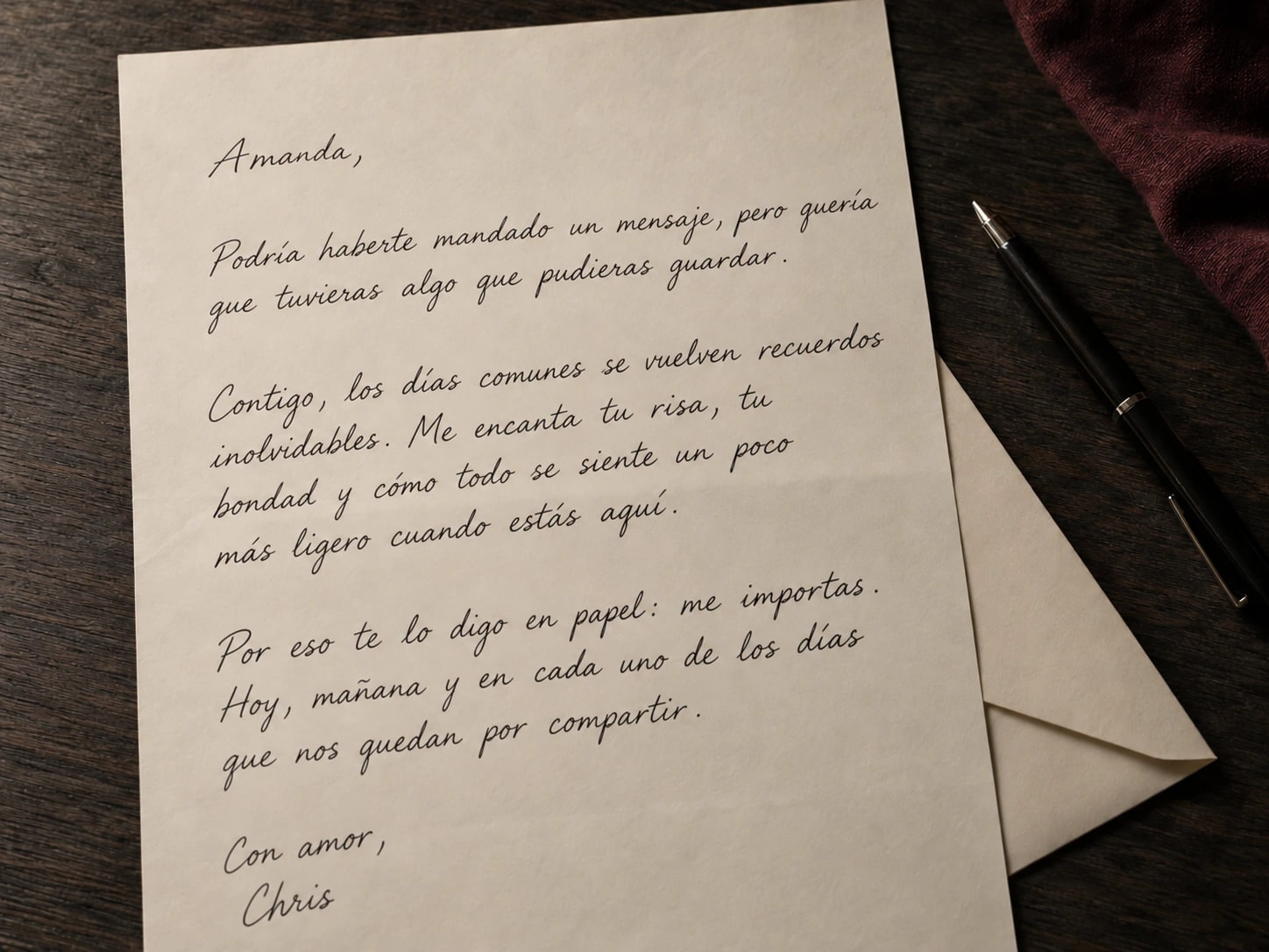 Una carta de amor escrita a mano para Amanda en papel crema, firmada por Chris