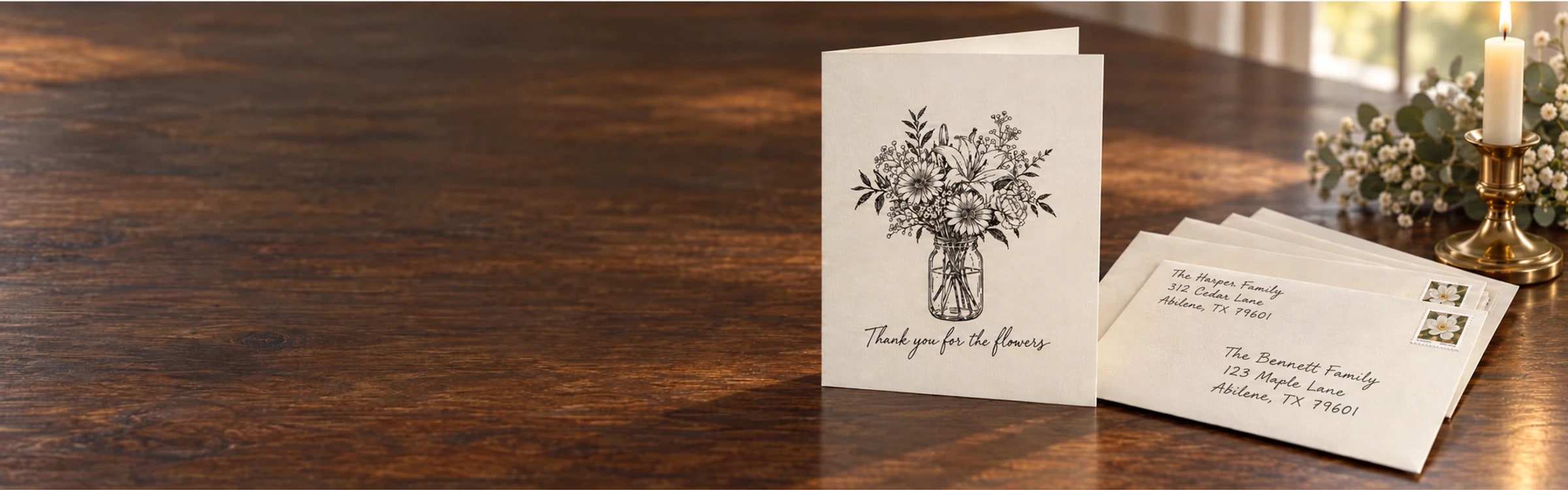 Hand-addressed cream envelopes beside a candle on a quiet wooden table