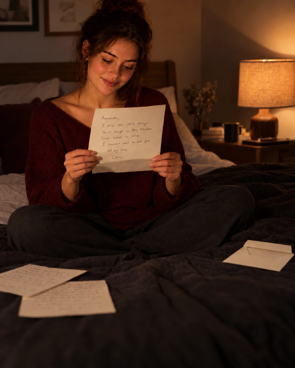 Una mujer leyendo una carta de amor escrita a mano en su cama por la noche