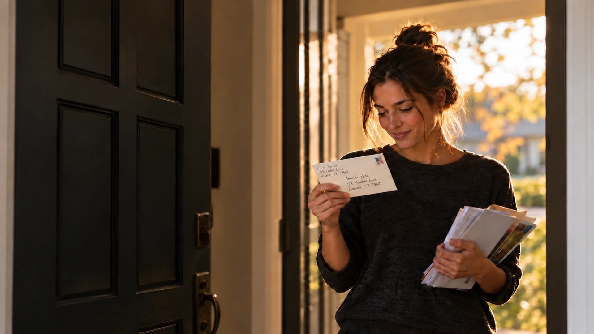 Una mujer en la puerta de su casa con un sobre escrito a mano entre su correo