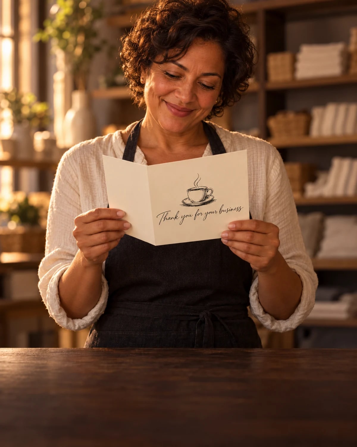 A shop owner behind her counter holding a handwritten thank-you card