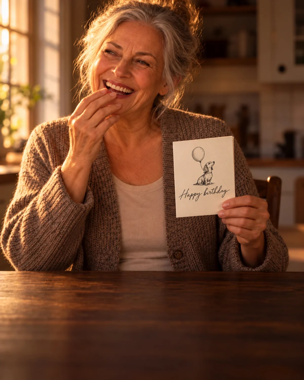 A grandmother smiling at a handwritten birthday card at her kitchen table