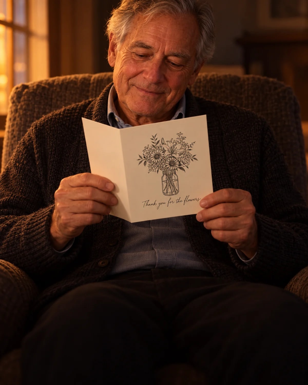 An older man in his armchair reading a handwritten thank-you card