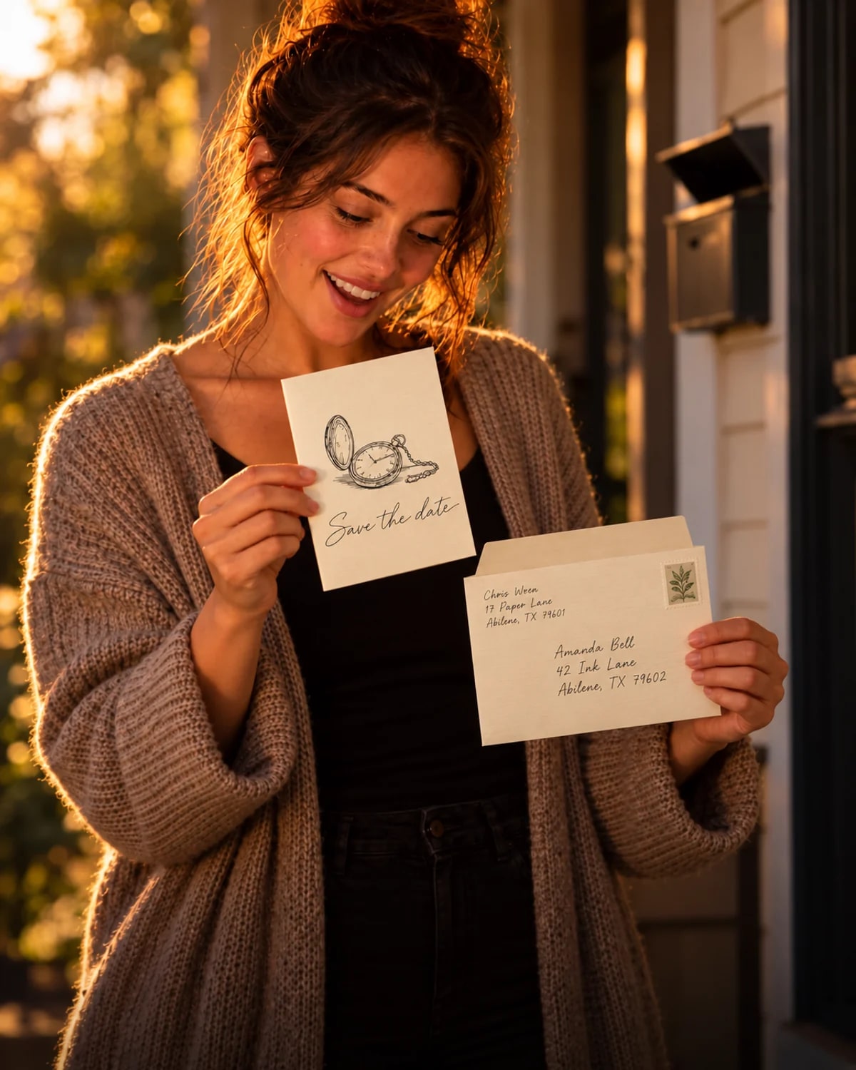 A woman at her mailbox opening a handwritten wedding invitation