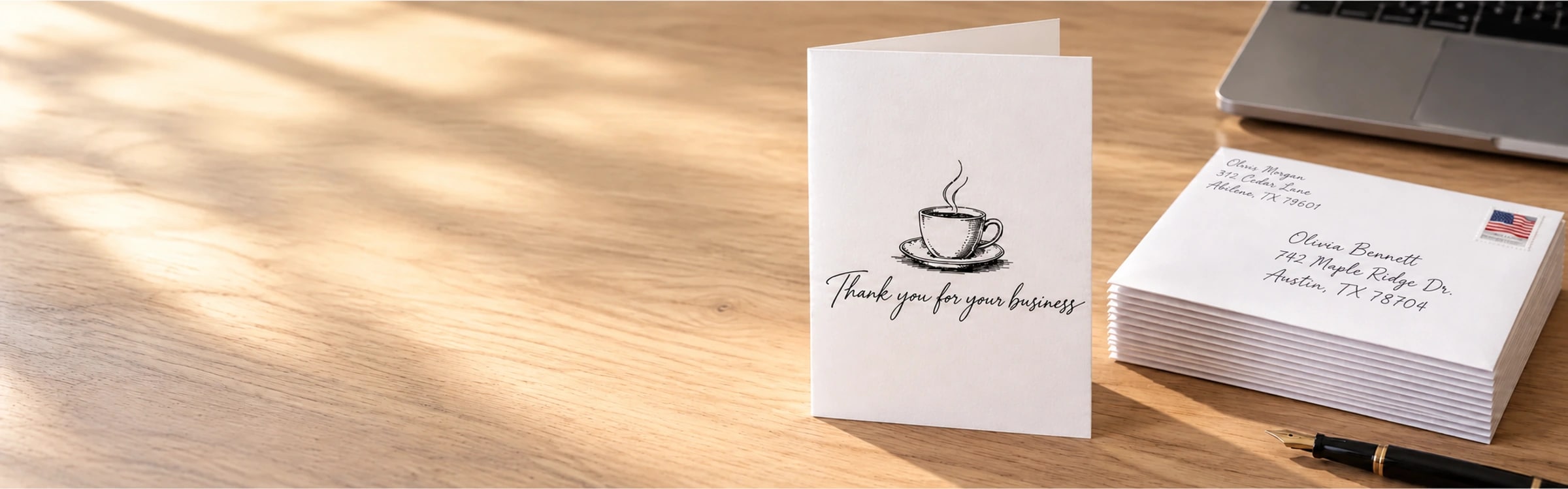 A hand-drawn business thank-you card open beside a neat stack of addressed white envelopes