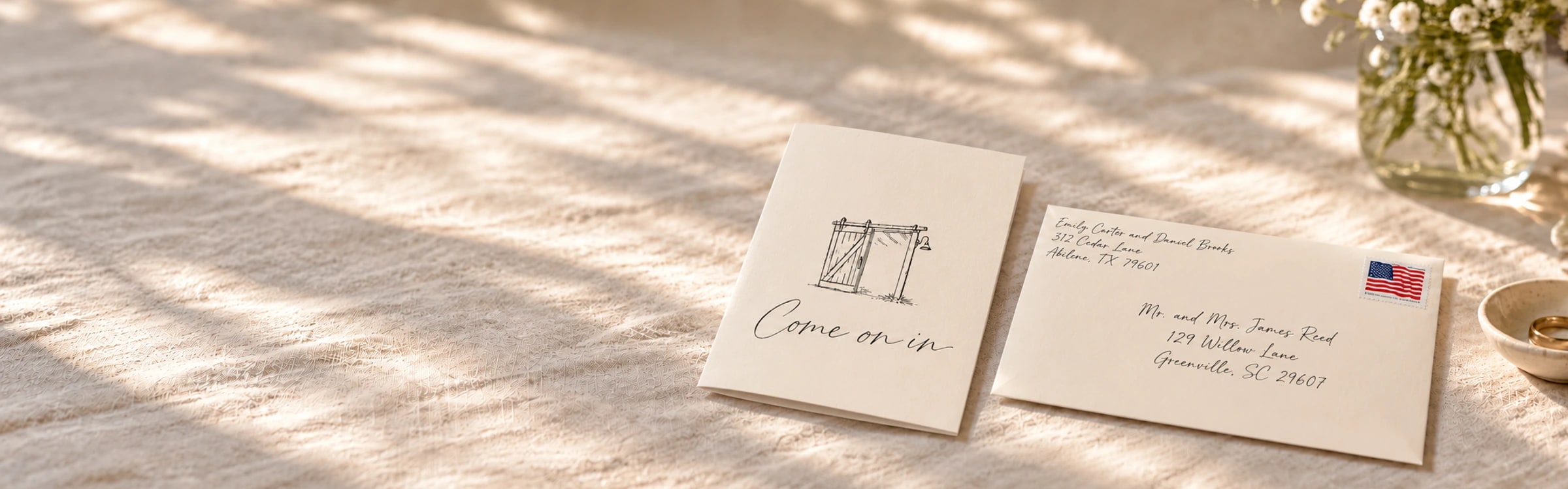 A hand-drawn wedding invitation standing open beside its addressed envelope