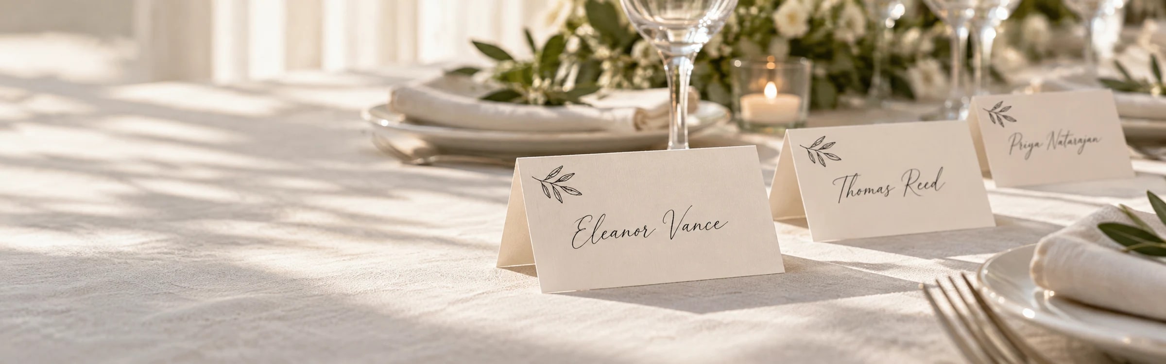 Hand-written tent place cards standing at set places on a wedding table