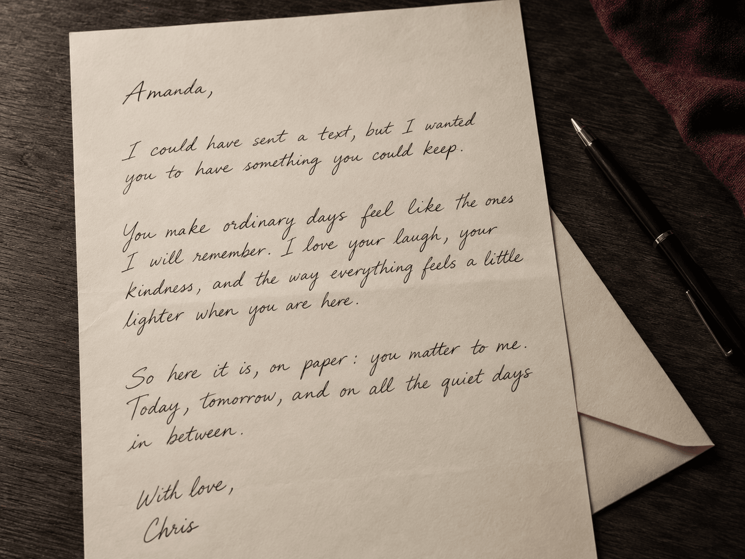 A handwritten love letter to Amanda on cream stationery, signed Chris