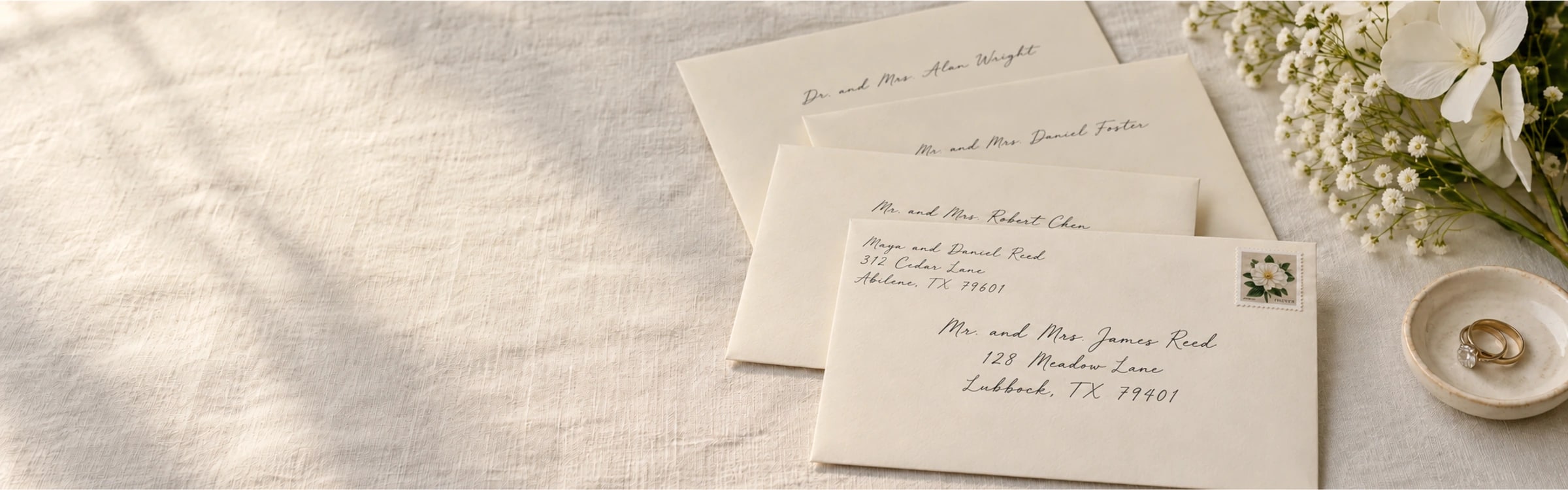 Hand-addressed wedding envelopes on ivory linen with a bouquet